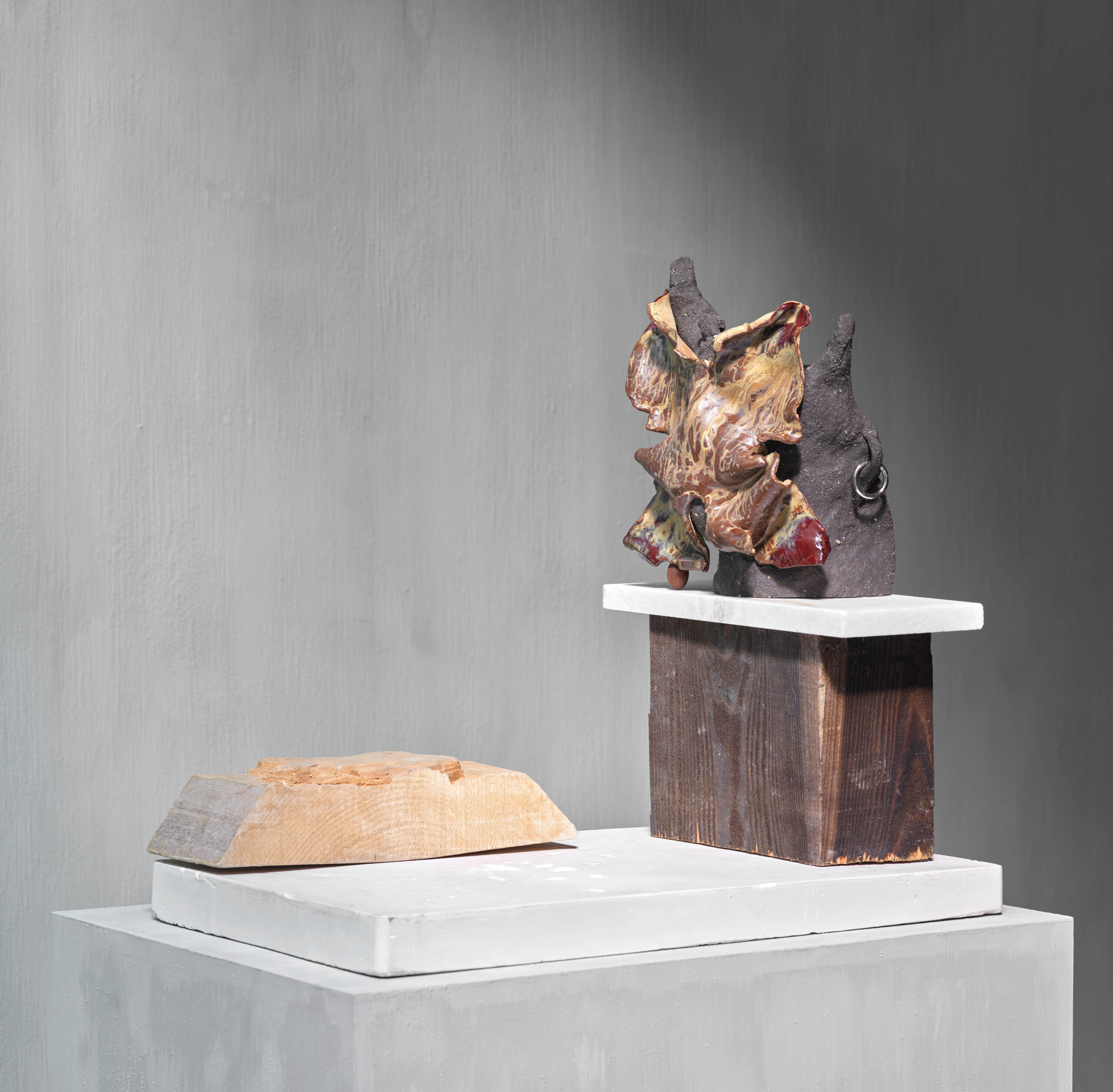 Anousha Payne
Camilla as the butterfly and the crocodile, 2024
Glazed stoneware, found materials, plaster, carved wood, metal hardware
58 x 36.5 x 61 cm