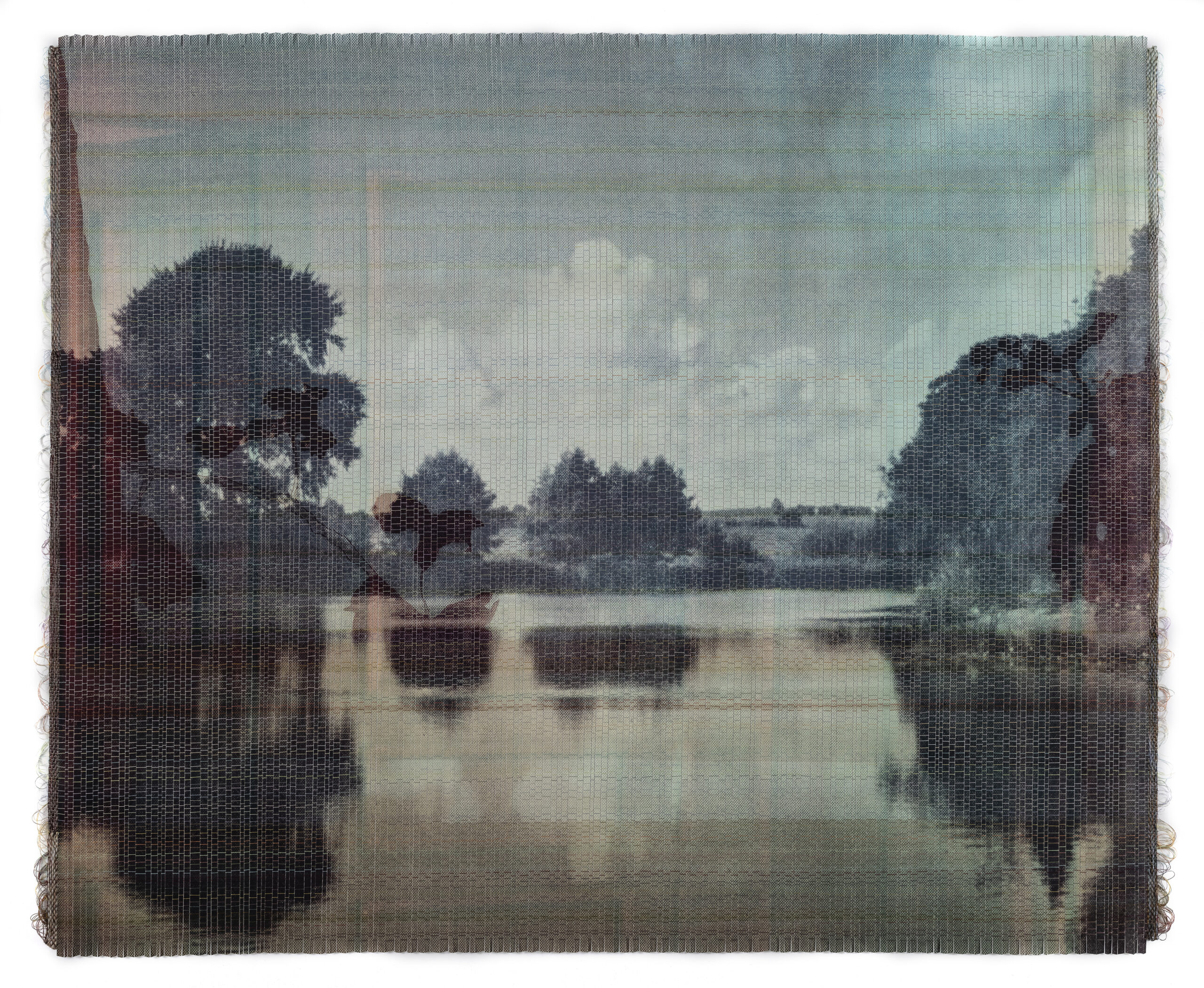 Susanne Wellm,Echoes Across Water, 2025,Giclée print, acrylic paint, cotton, polyester and rayon thread, woven,104x130 cm,frame 114x140cm