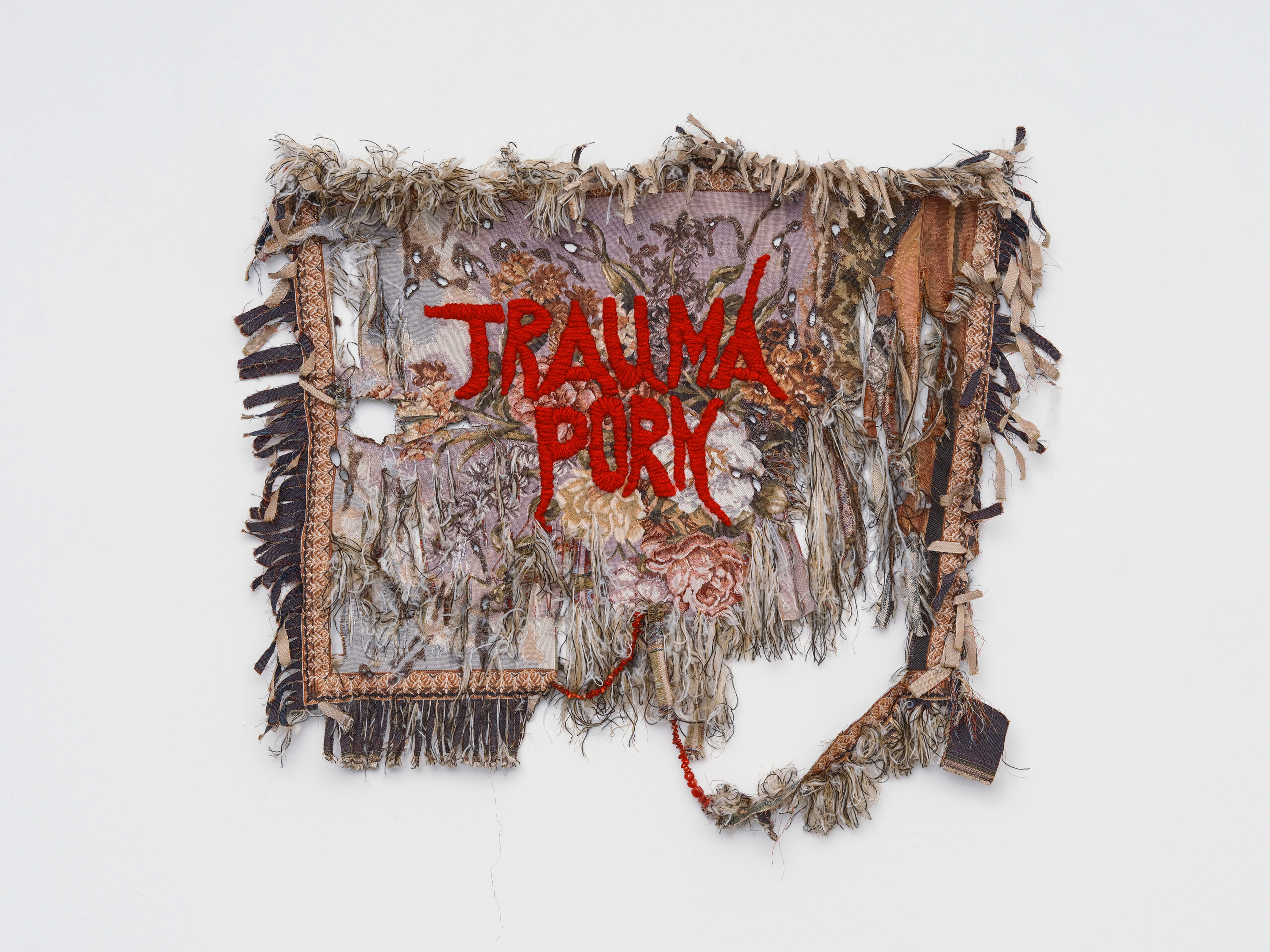 Trauma Porn, 2024
Modified tapestry, synthetic yarn, Garnet Stones
65 x 85 cm
