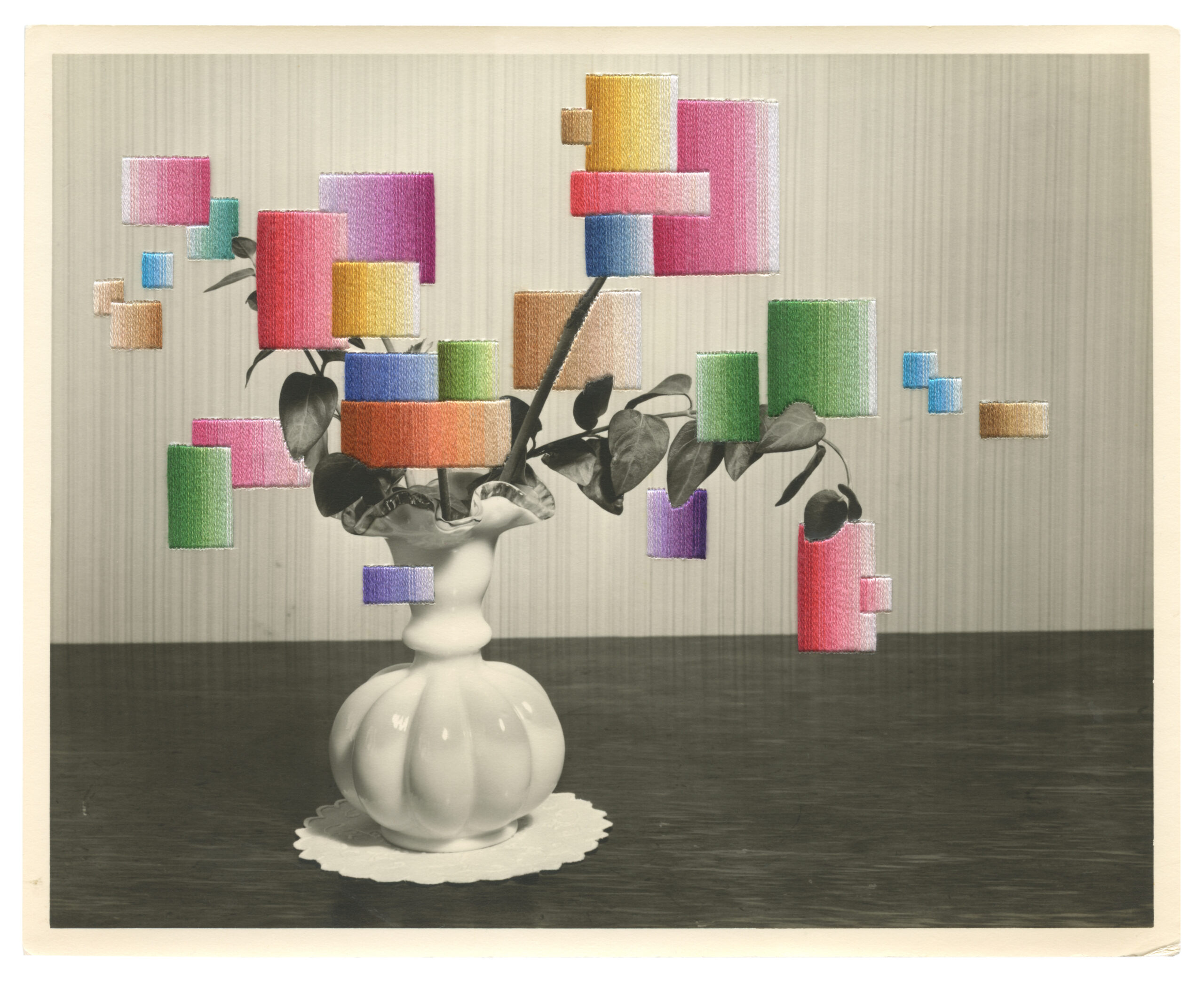 Julie Cockburn, Vase Full of Glitches 2, 2025, Hand embroidery on found photograph, 20.3 x 25.2 cm