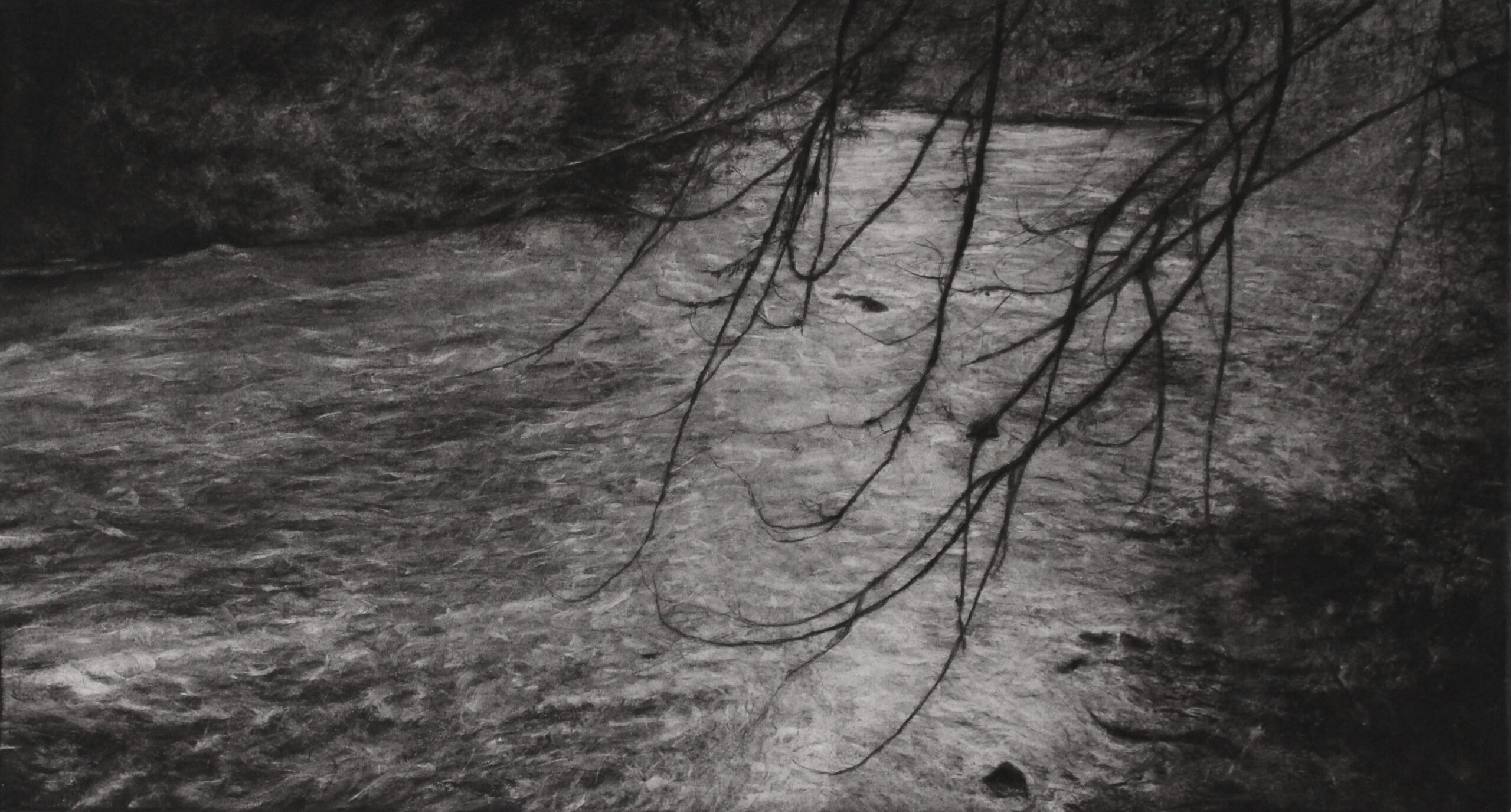 Renie Spoelstra
Running River, 2025
Charcoal on paper
Paper: 75 x 135 cm
Frame: 83 x 143 cm