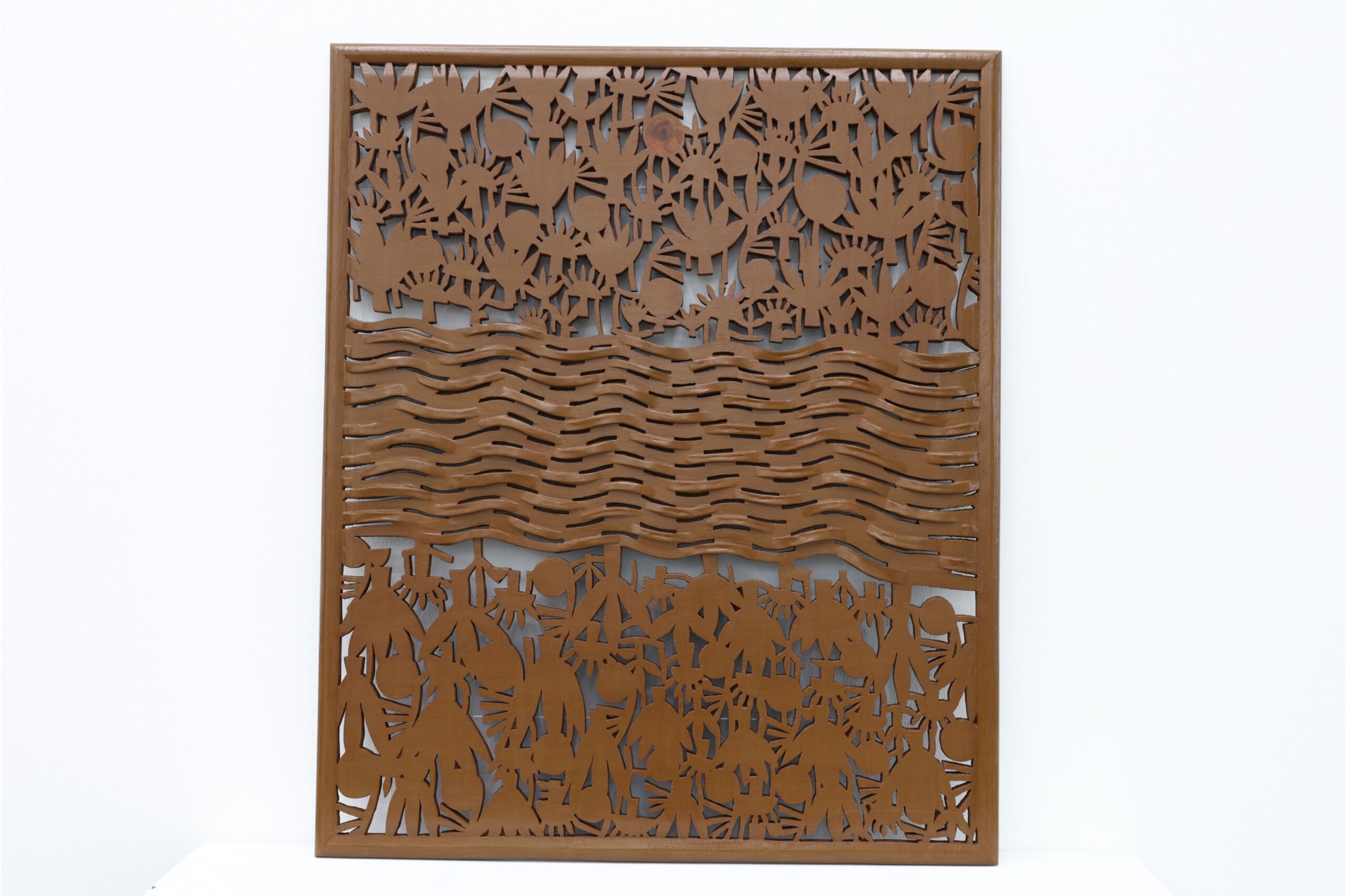 Ang Ilog (The River), leather varnish, saw dust, white glue on carved wood, 91.4 x 76 cm, 2025