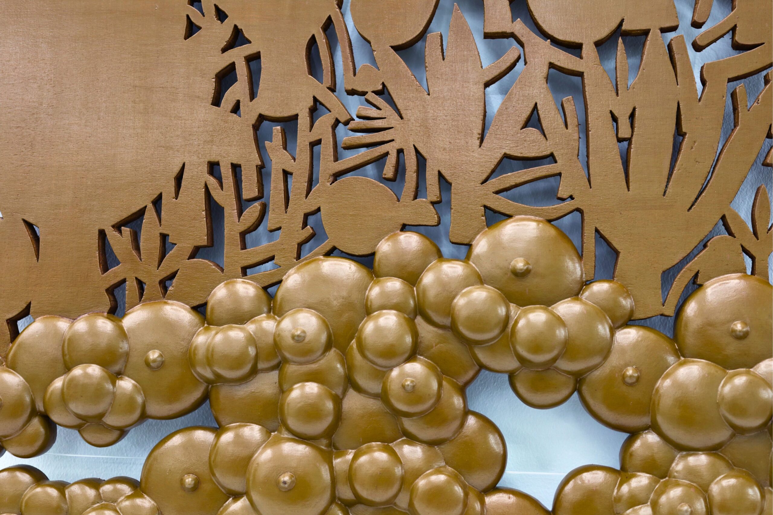 Ang Kalangitan (The Skyworld or Warrior Heaven), leather varnish, saw dust, white glue on carved wood, 91.4 x 76 cm, 2025, detail