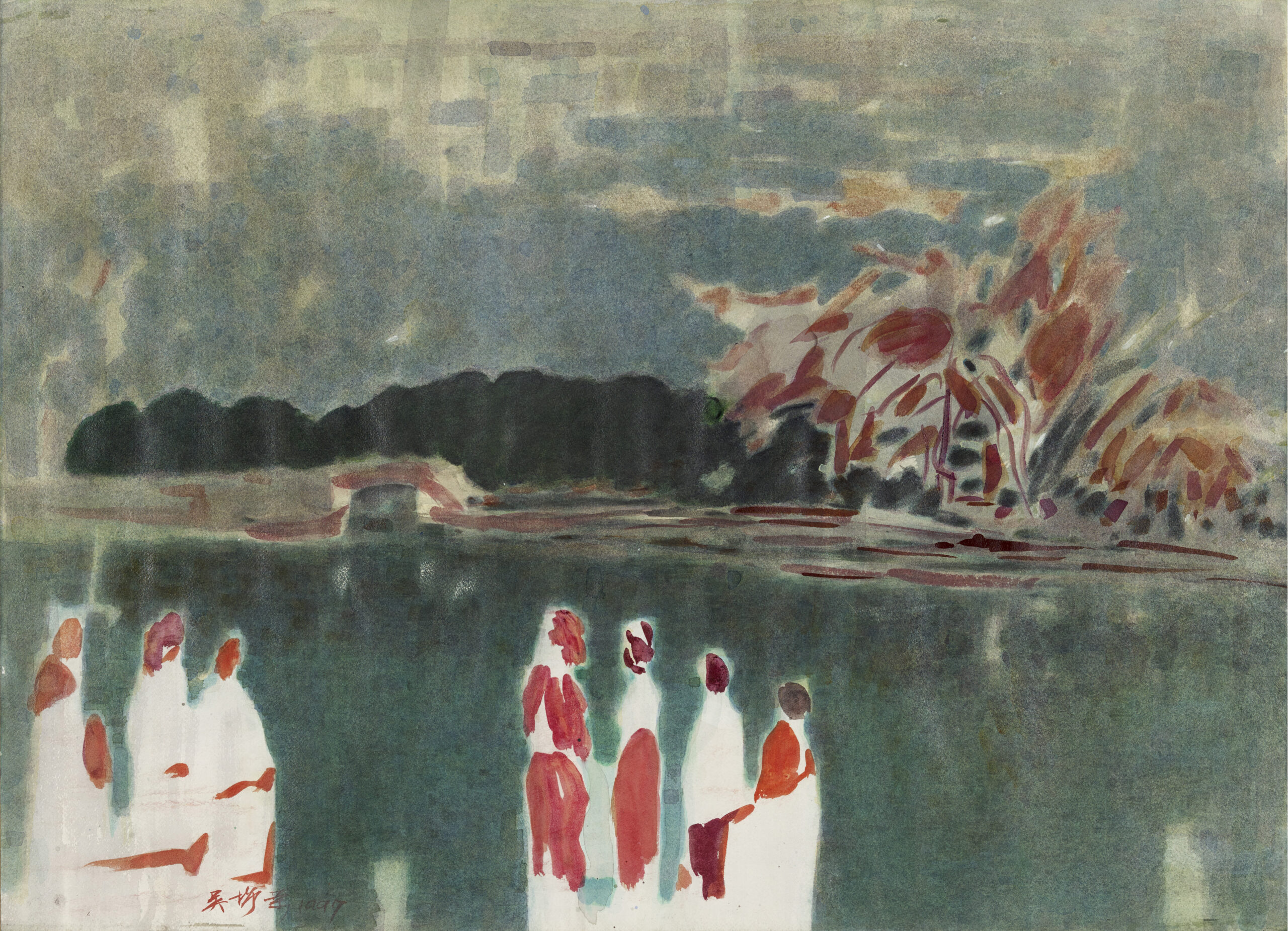 Seven Women Wandering around Drunken Moon Lake

Watercolor on paper
78.8 x 108.9 cm