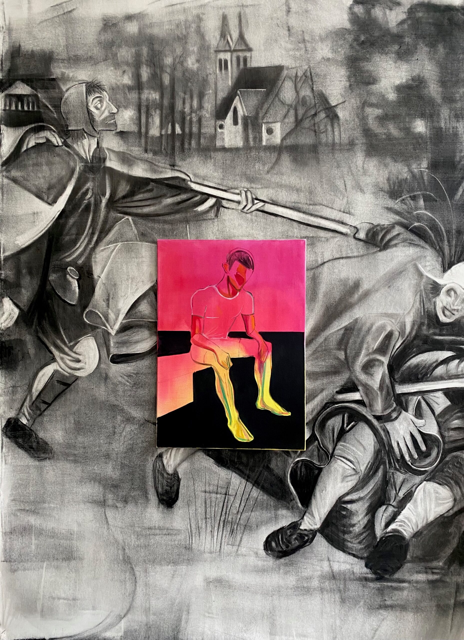 Marc Bauer
Exhaustion; Policy, 2021
Charcoal on canvas mounted on Dibond + Oil painting on canvas
200 x 155 cm