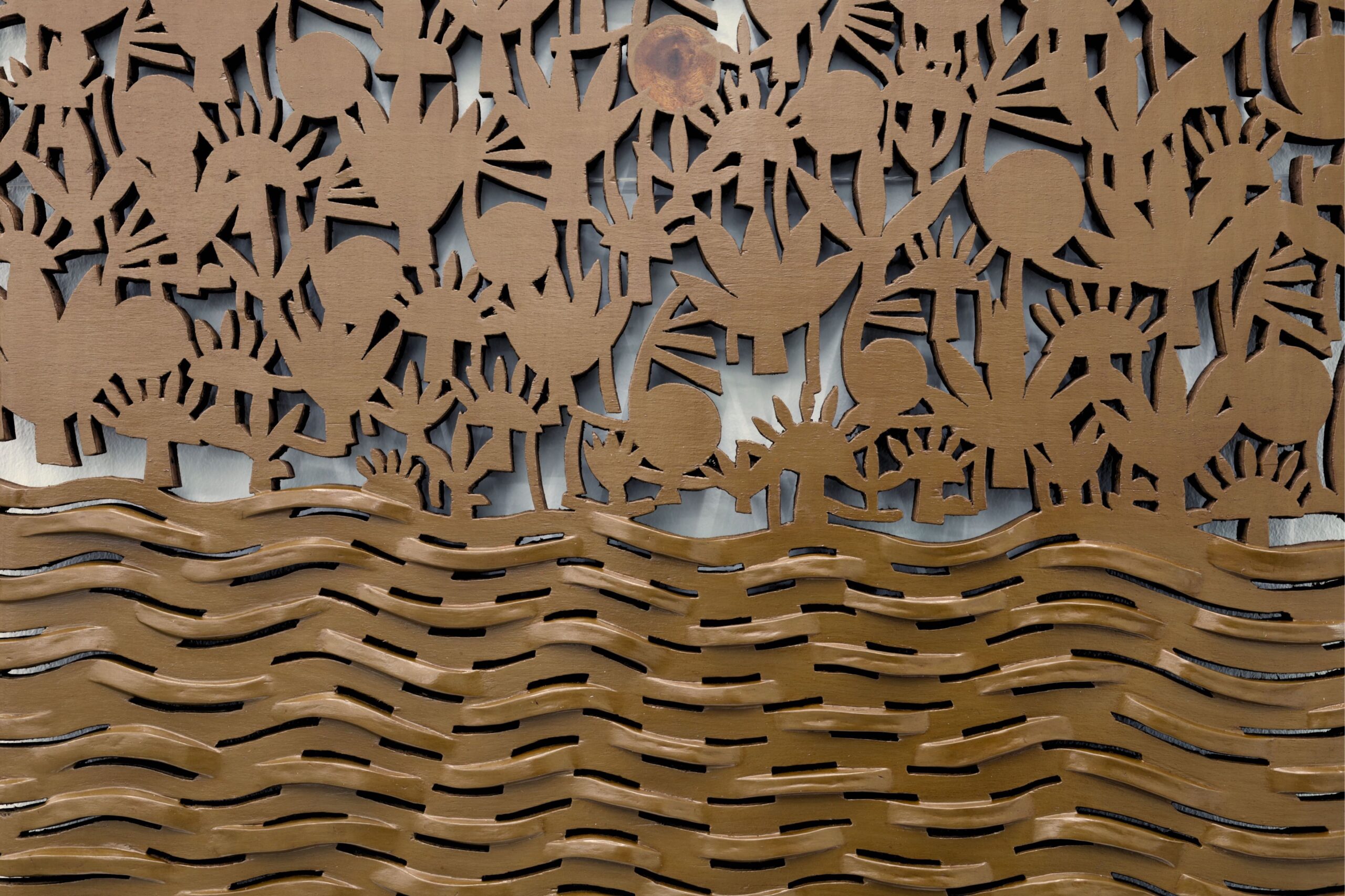 Ang Ilog (The River), leather varnish, saw dust, white glue on carved wood, 91.4 x 76 cm, 2025, detail