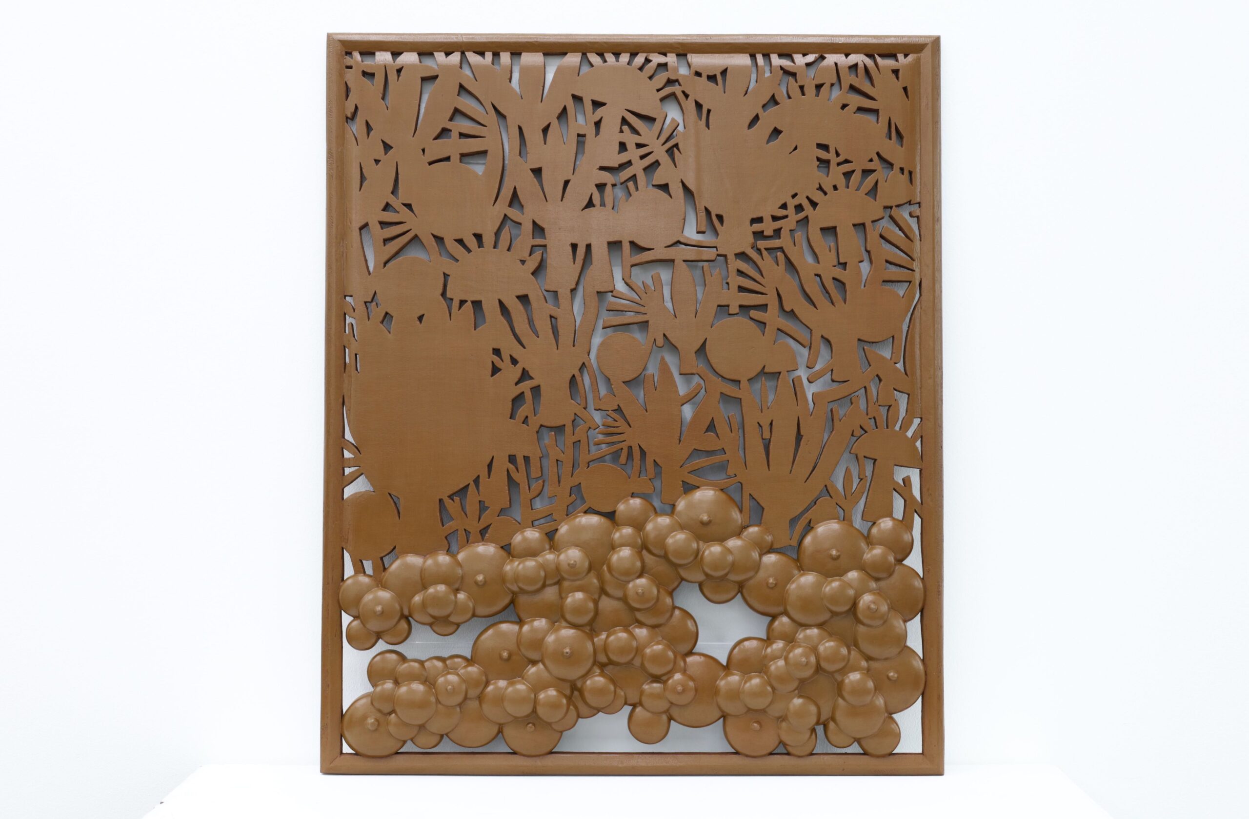 Ang Kalangitan (The Skyworld or Warrior Heaven), leather varnish, saw dust, white glue on carved wood, 91.4 x 76 cm, 2025