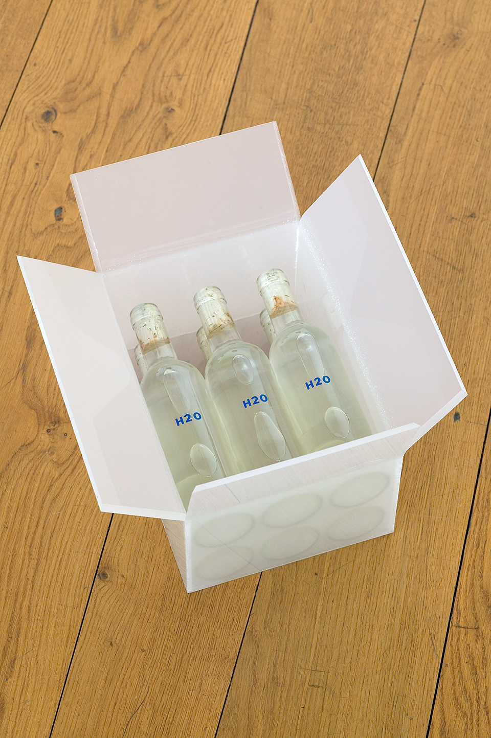 Nicolas Boulard, H2O, 2005. 
Glass, water, sugar, artificial yeasts, cork, stickers, 40 x 30 x 25 cm