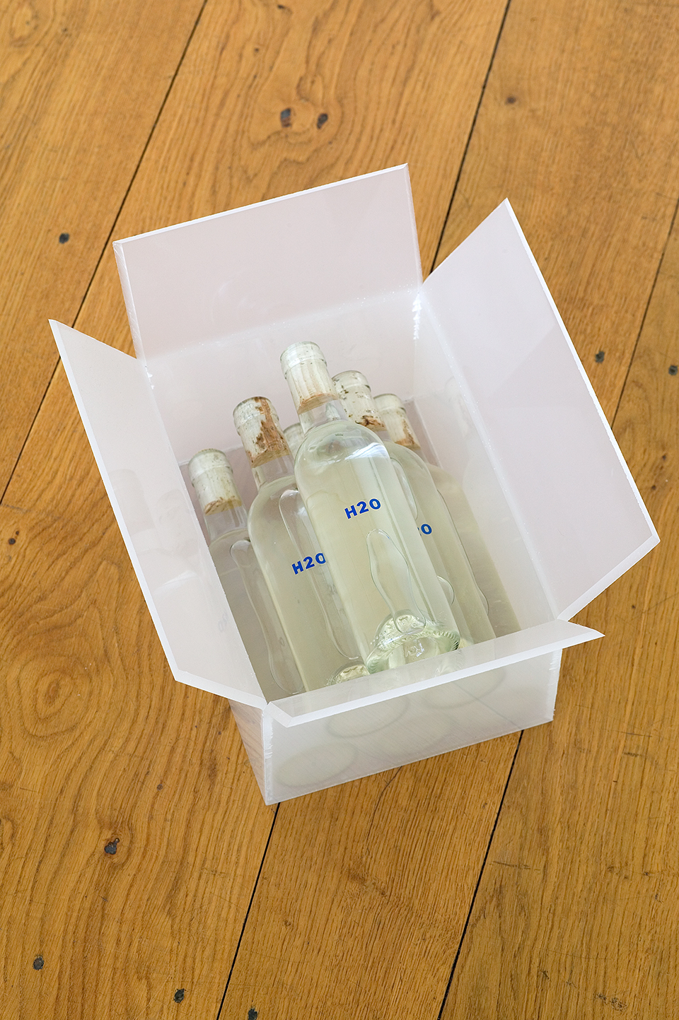 Nicolas Boulard, H2O, 2005. 
Glass, water, sugar, artificial yeasts, cork, stickers, 40 x 30 x 25 cm