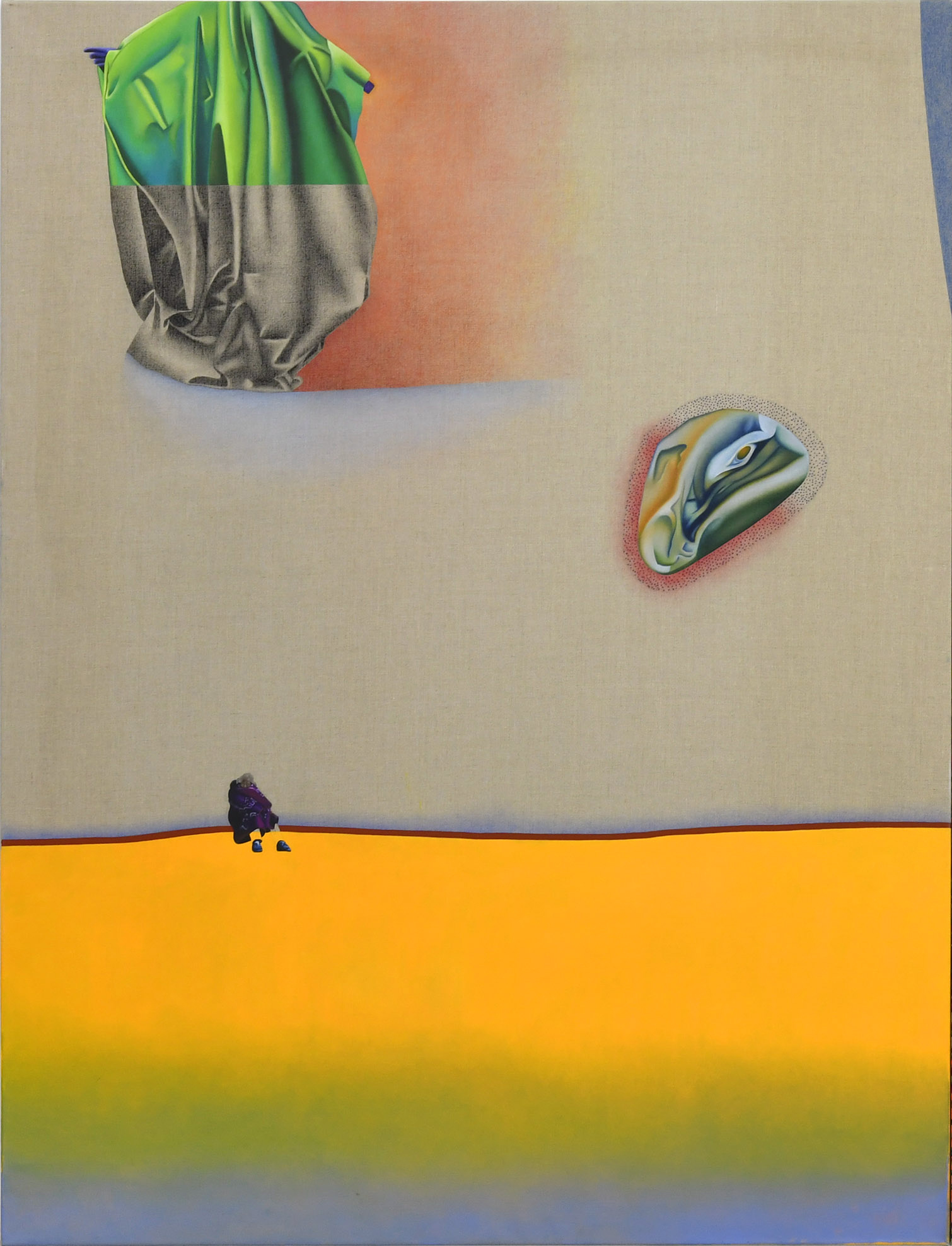 Nina Tomàs, De la neige et du charbon 1, 2024 ,Printed fabric and oil, acrylic colored, pencil, graphite, pastel, charcoal and embroidery on canvas, 200 x 150 cm
