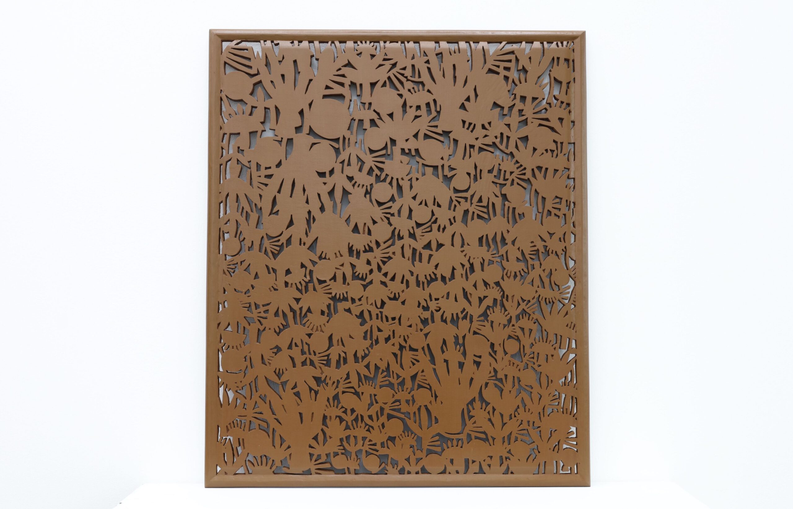 Dito, ang Langit at ang Banua Mebuyan (The Middle World, the Skyworld and Banua Mebuyan), leather varnish, saw dust, white glue on carved wood, 91.4 x 76 cm, 2025