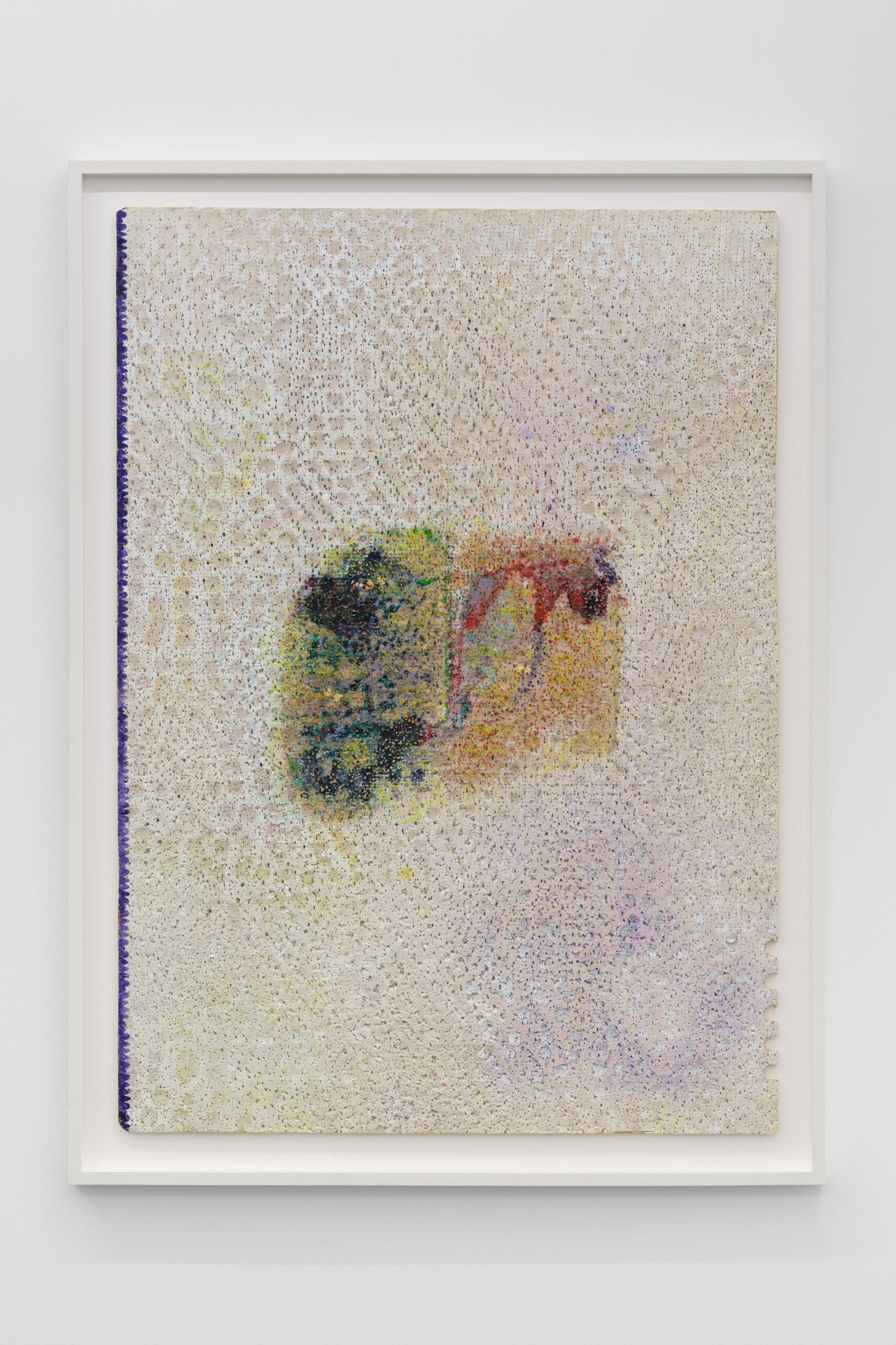 En timbres, des Gorges de Kerrata à Lourdes, 2025,Paint, pastels, impacts, printed cardboard, 105 x 78 cm