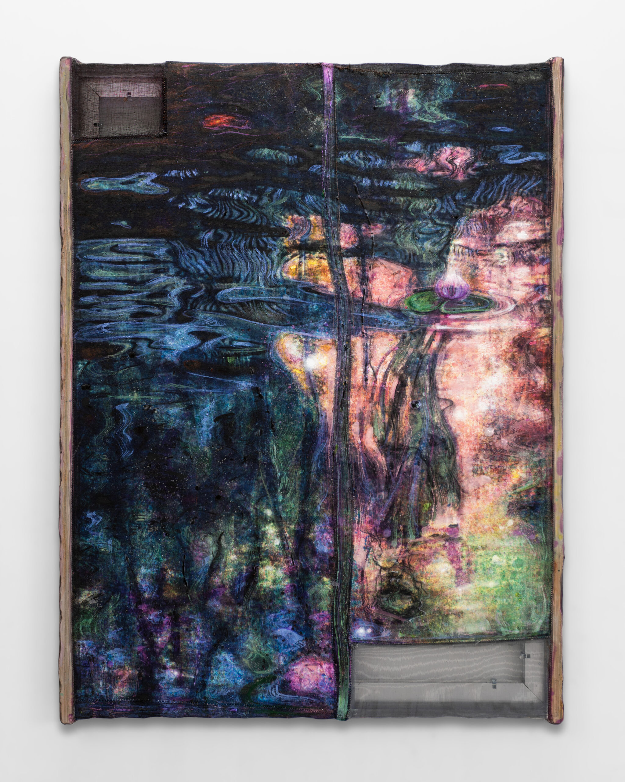 Kristian Touborg
Entangled Shadows (Stretched Stems), 2025
Oil, acrylic, and pigments on canvas, stitched woven water lily stems, and reflective fabric.
122 x 92 cm