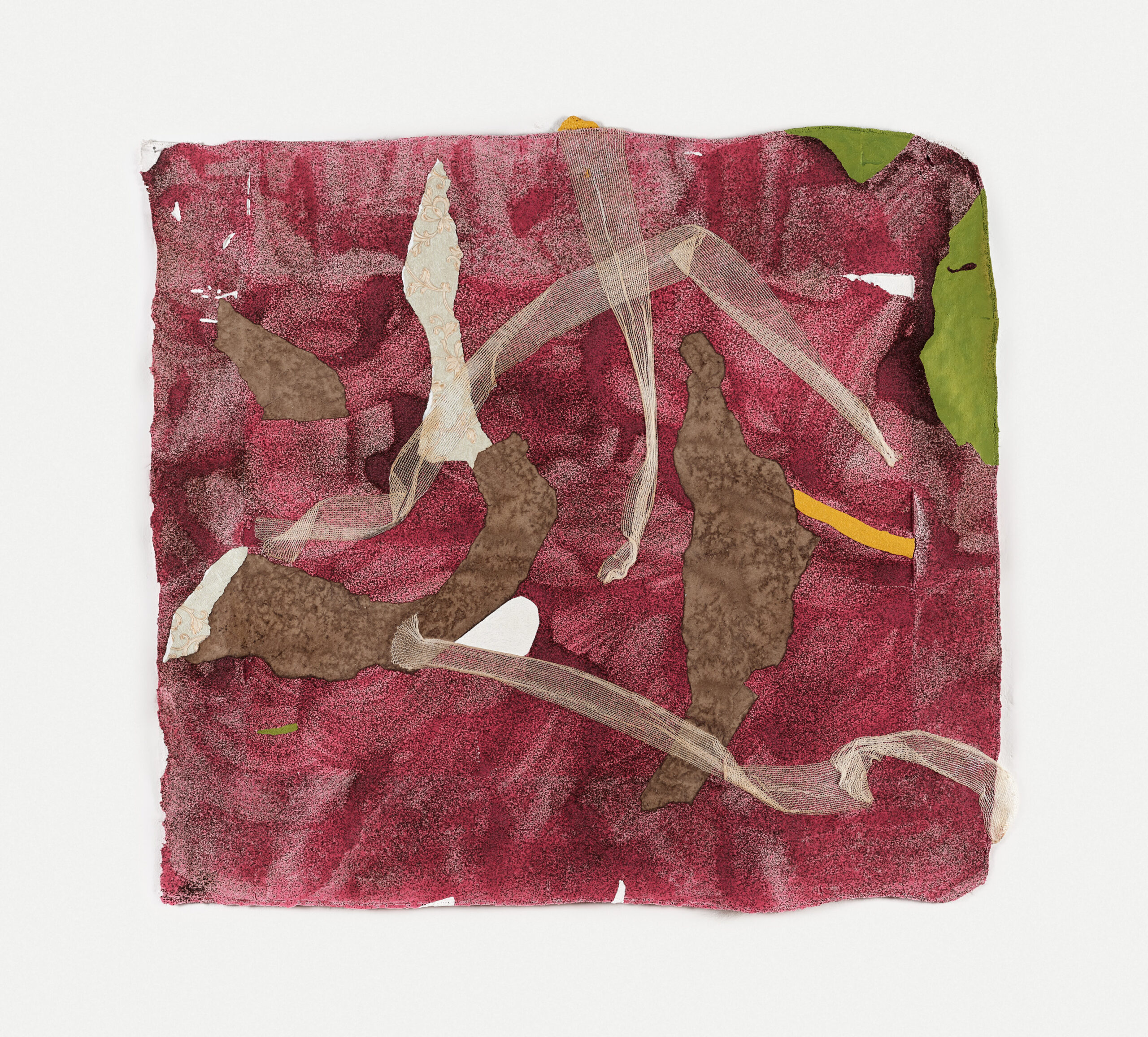 Francis Offman, Untitled, 2025, acrylic, ink, paper, fabric, coﬀee grounds, 100% cotton gauze, Bolognese plaster on cotton, 92 x 100 cm