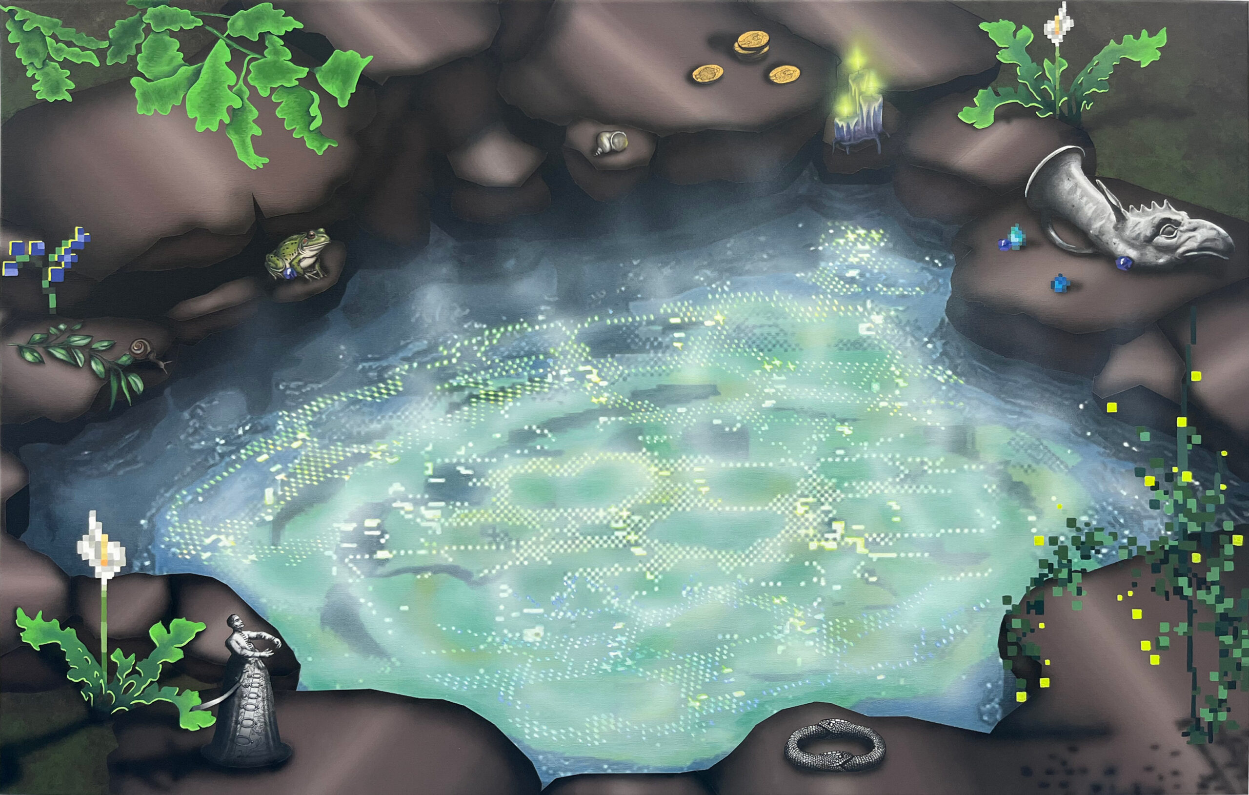 Hydrosanctum
2025; acrylic, ink, oil, pastel, pigment print on canvas
70 x 110 cm