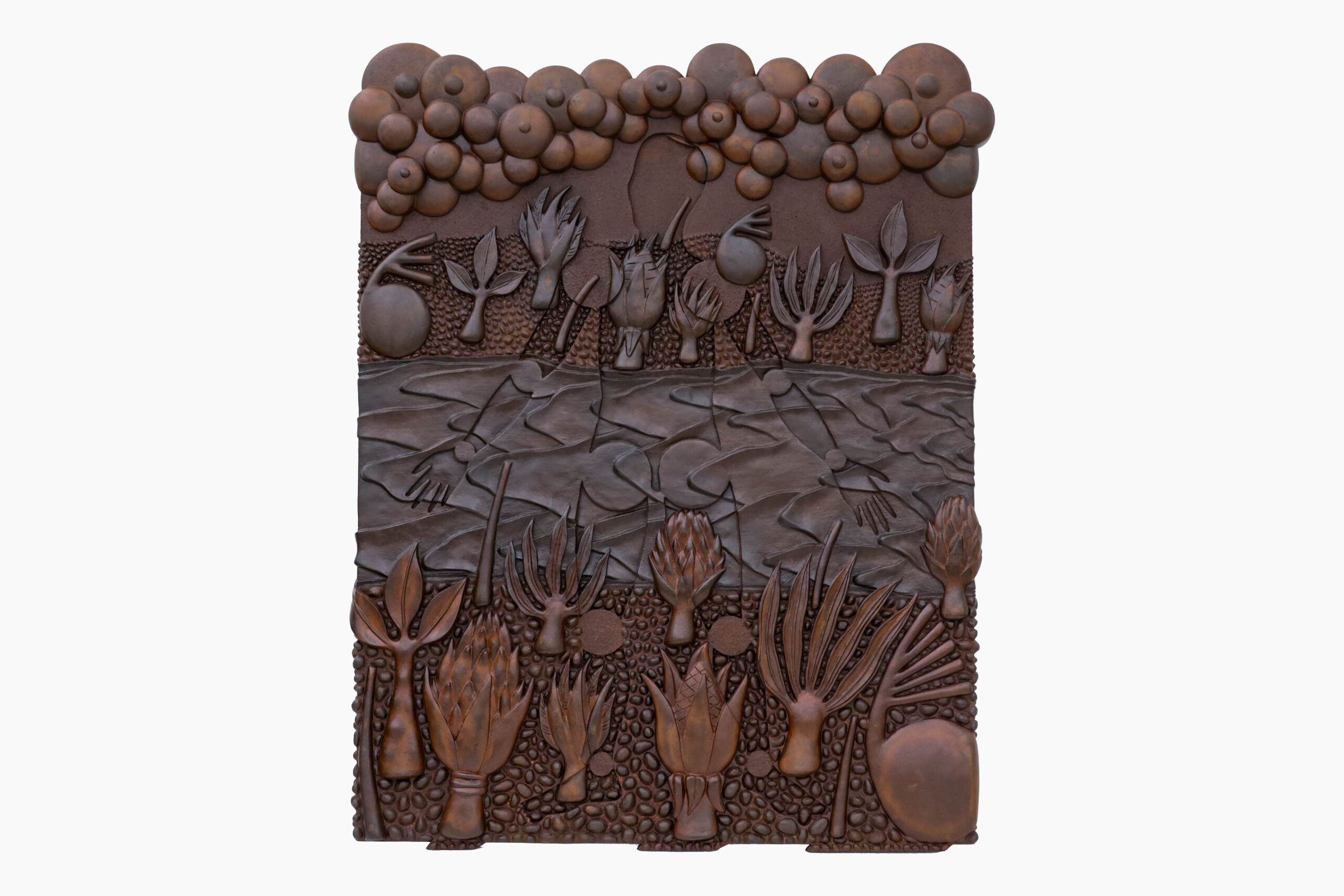 Crossing to Gimukodan, leather varnish on sawdust and white glue, on carved wood, 82.8 x 66.5 cm, 2024