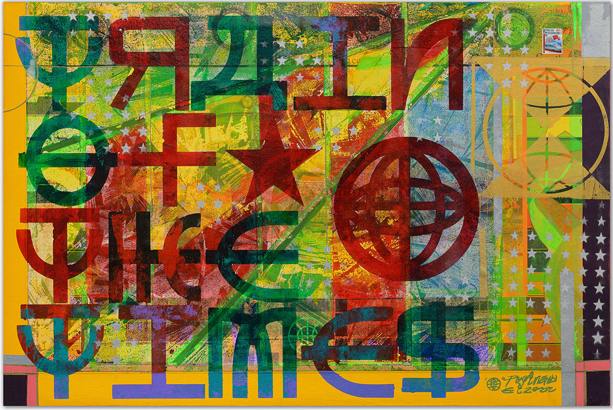 Pu Yingwei, Train of the Times, 2022, Oil, paper collage, acrylic, silkscreen, postage stamps, gold leaf, watercolor and spray paint on canvas , 80 x 120 cm