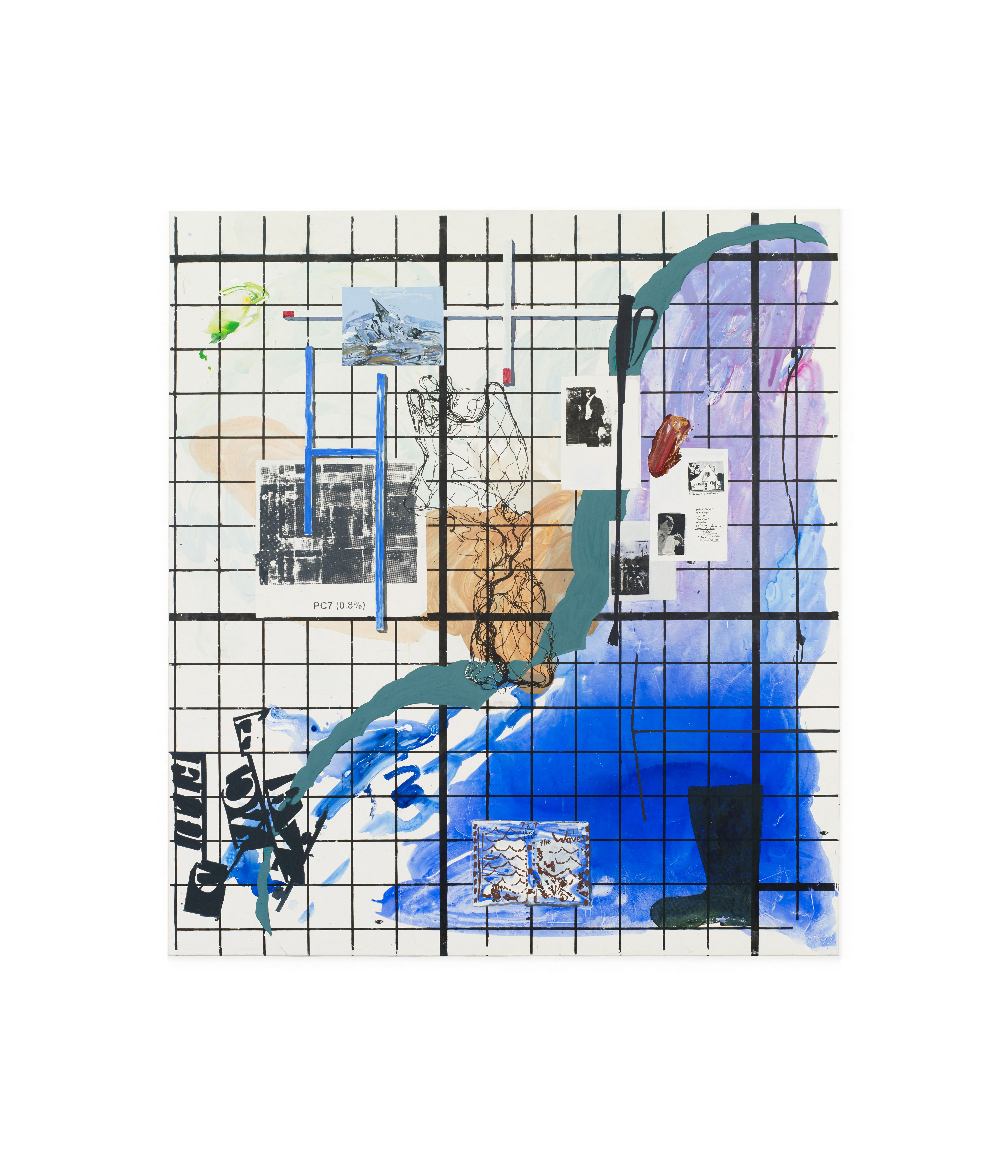 Melissa Gordon
Female Readymade (X ray of Mondrian painting, sticks from Marlow Moss paintings, re-painting of ‘
The Sea of Ice’, ...), 2021
Acrylic, flasche, silkscreen on canvas
200 × 180 cm