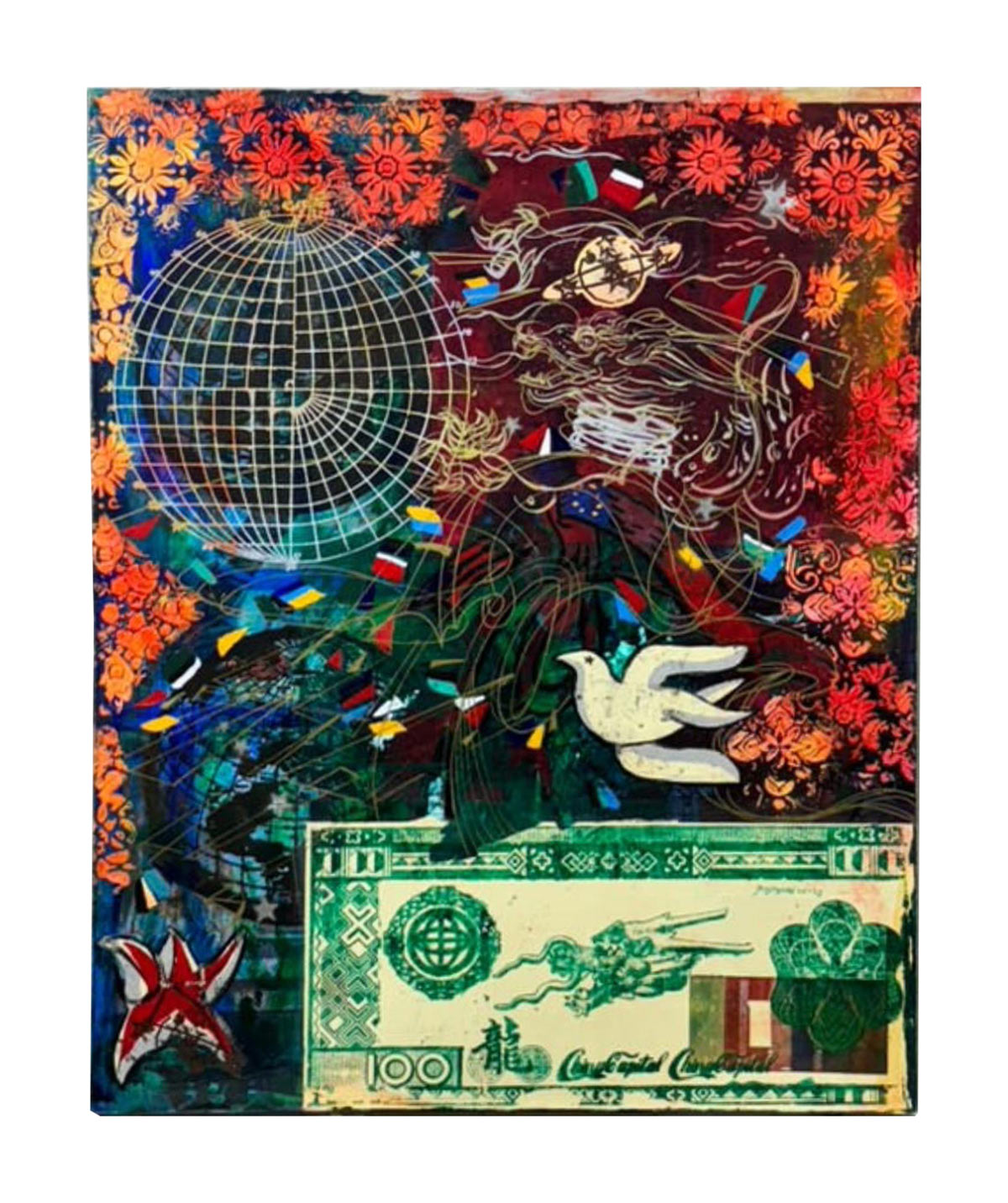 Pu Yingwei, Argent du Dragon n°1, 2024-2025, Oil on canvas, acrylic, silkscreen, collage on paper, watercolor, paint pen, chrome spray can 100 x 80 cm