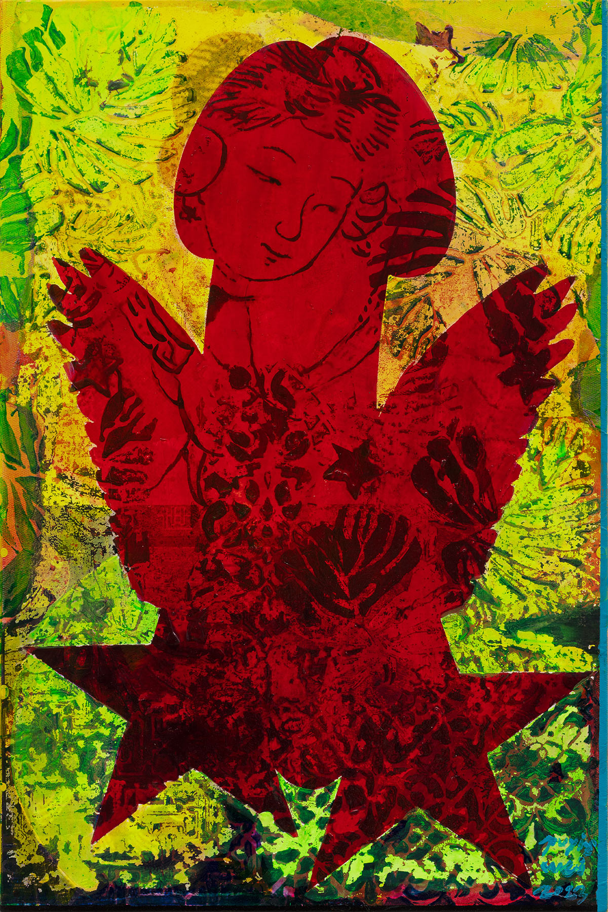 Pu Yingwei, Nation Beast, 2023, Oil on canvas, acrylic, paper collage, 60 x 40 cm