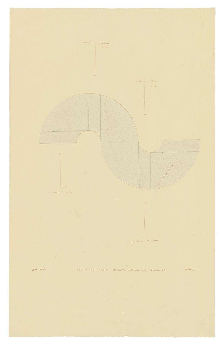 Amador. Version III of sculpture drawing plan, 25 cm high. Displacement of a cylinder, 1990.  Collage, graphite and colored pencil on paper. 850 x 520 mm