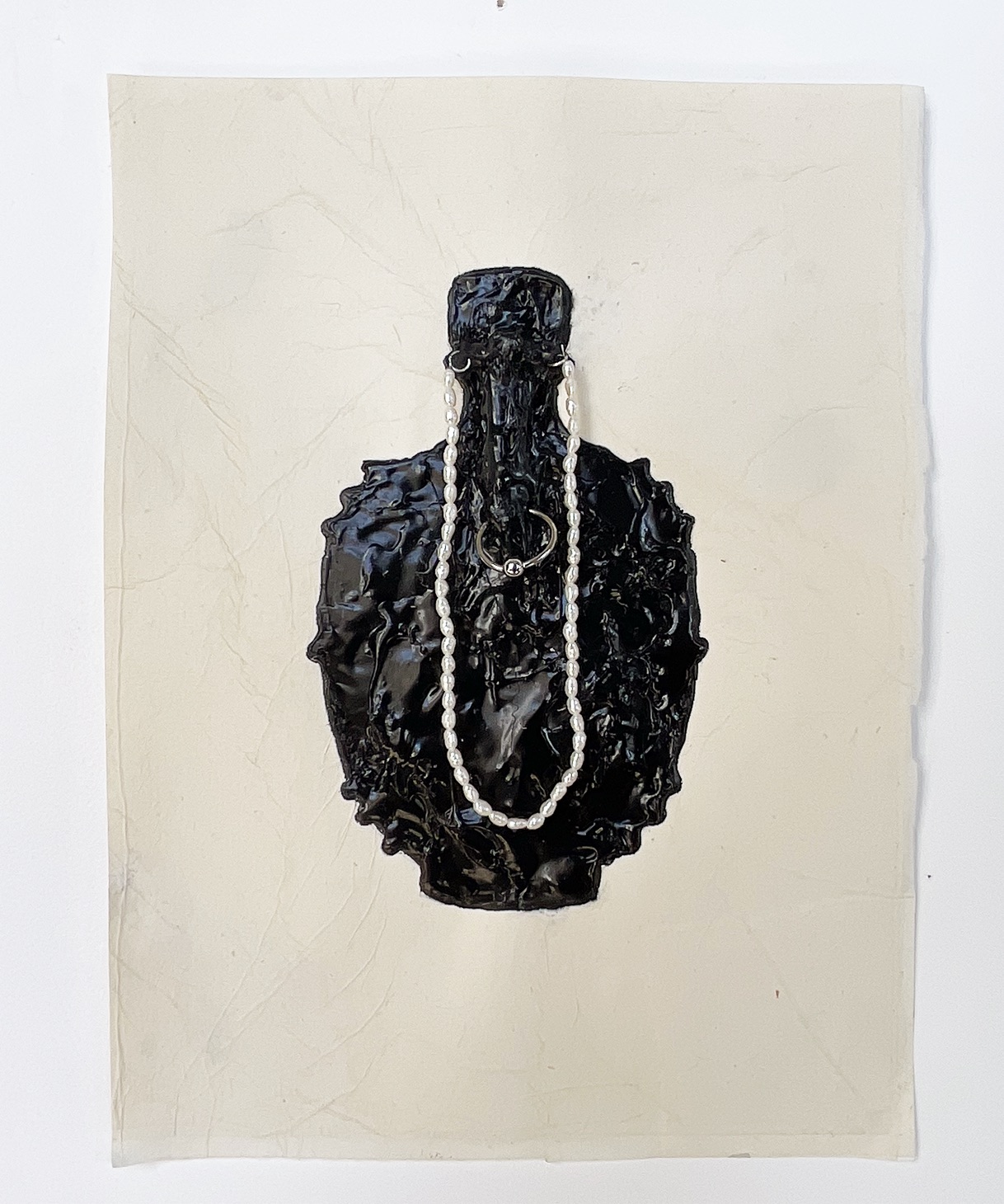 Ellen Jong
Snuff Ama, 2026
Handmade ink, pearls, and piercing jewelry on paper
12 x 9 inches (paper size)