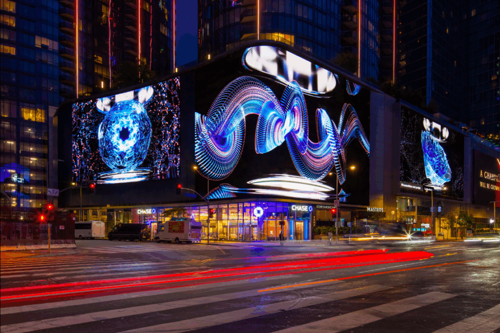 Cosmic Weave on the largest LED Facade of the West Coast, as part of a public art program in collaboration with StandardVision