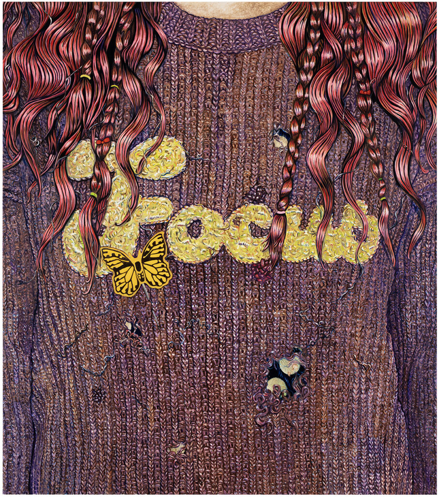 Composition with freshly dyed hair, a secondhand sweater, and a butterfly pin picked up from the street