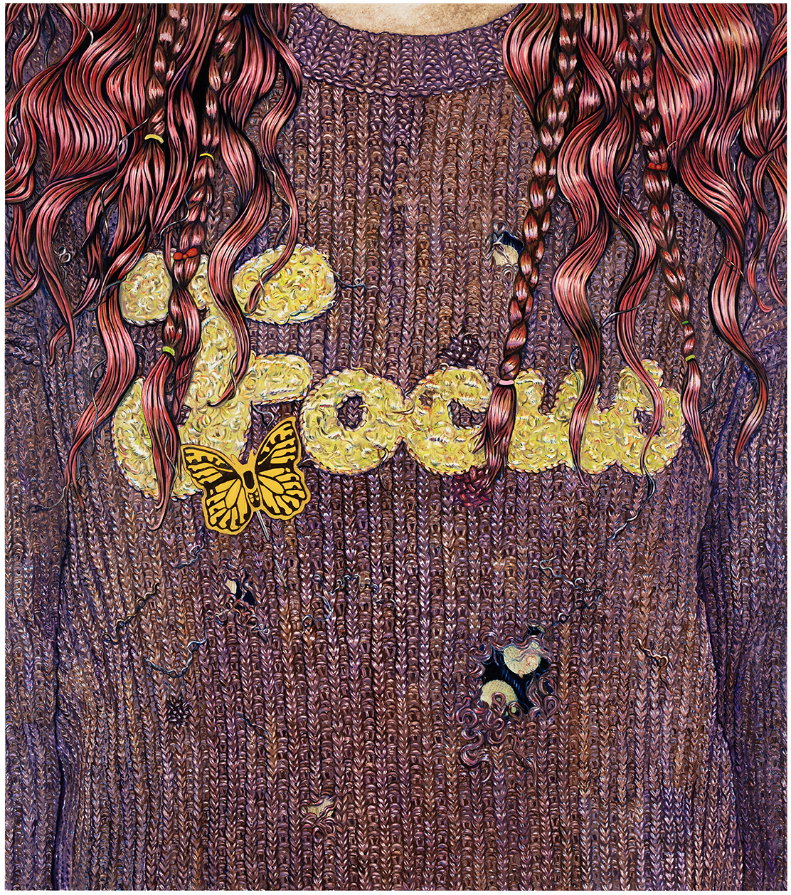 Leena Nio: Composition with freshly dyed hair a secondhand sweater and a butterfly pin picked up-from the street (2025). Photo: Jussi Tiainen.