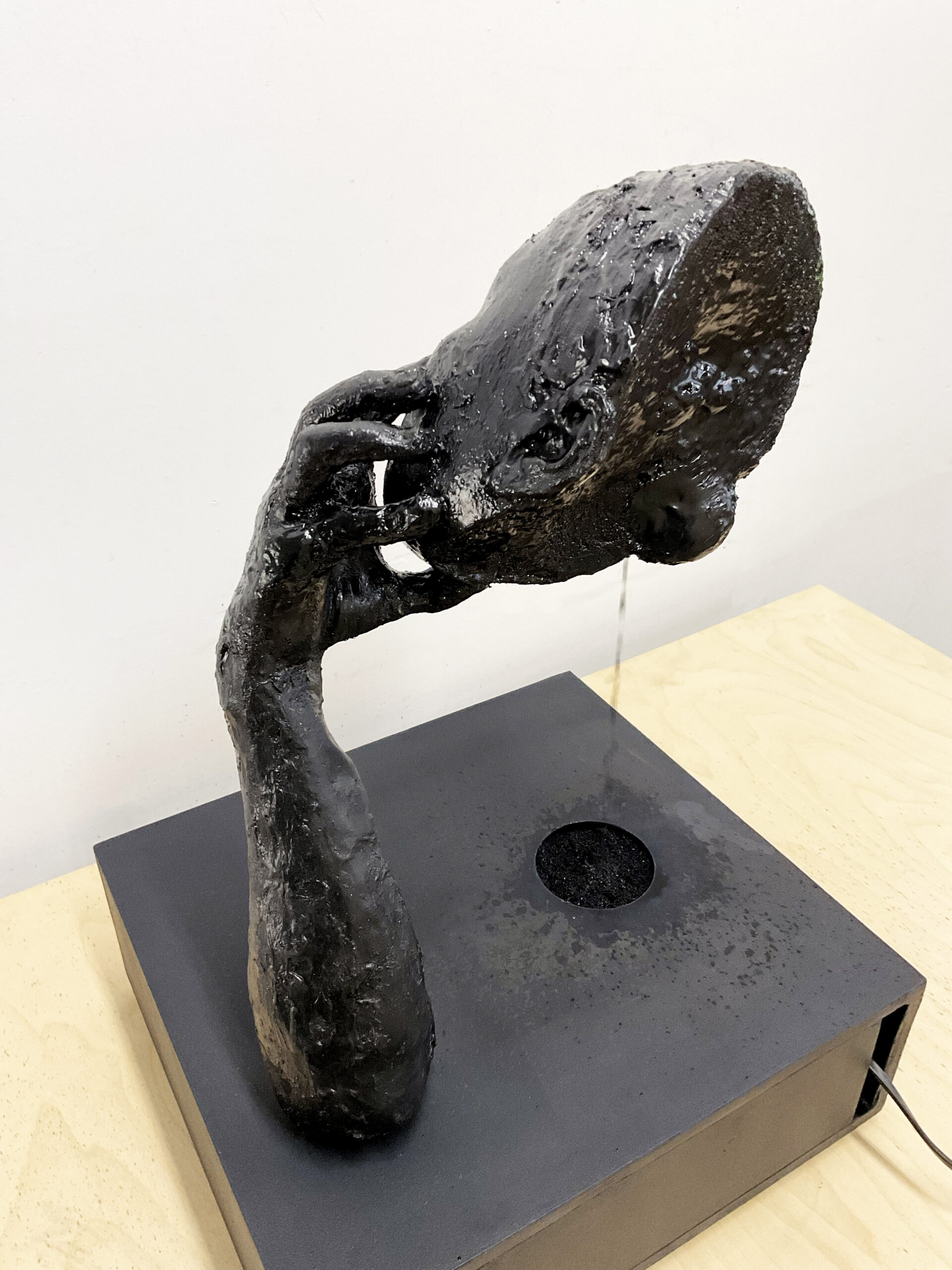 Ellen Jong
Inkling, 2026
Handmade dehydrated-solid and liquid ink on pedestal with fountain components
18 x 18 x 16 inches
