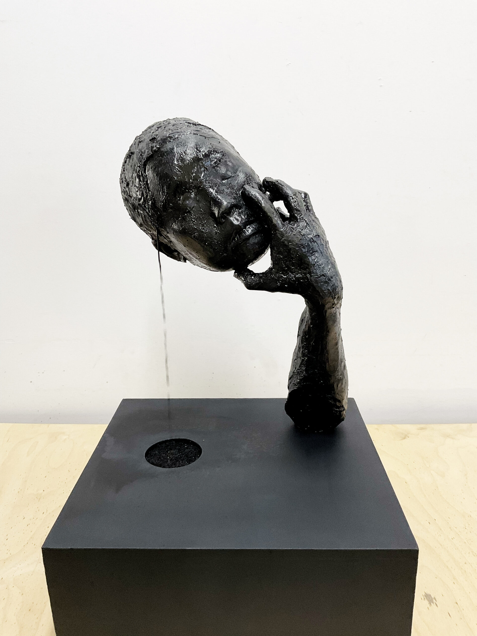 Ellen Jong
Inkling, 2026
Handmade dehydrated-solid and liquid ink on pedestal with fountain components
18 x 18 x 16 inches