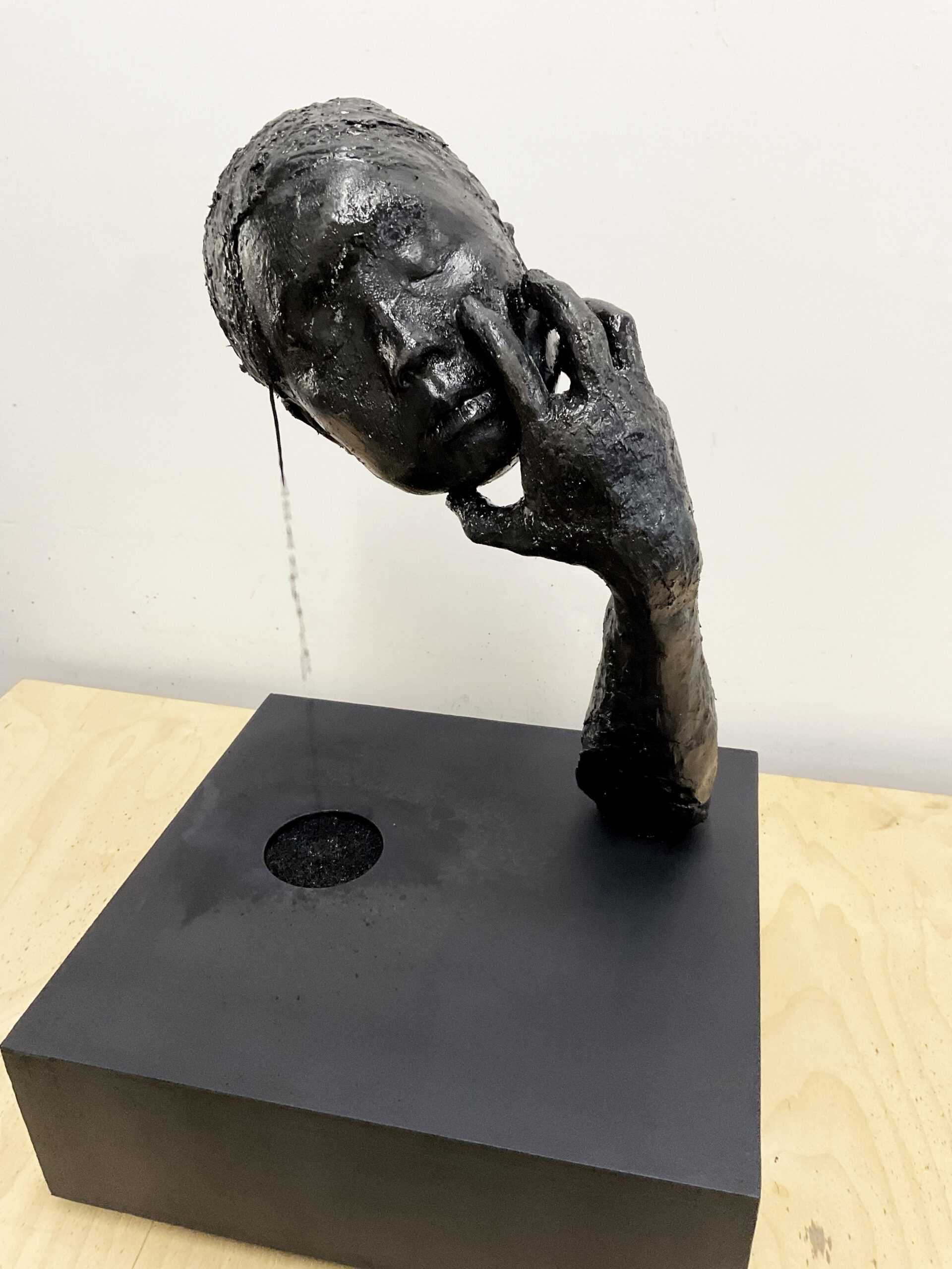 Ellen Jong
Inkling, 2026
Handmade dehydrated-solid and liquid ink on pedestal with fountain components
18 x 18 x 16 inches