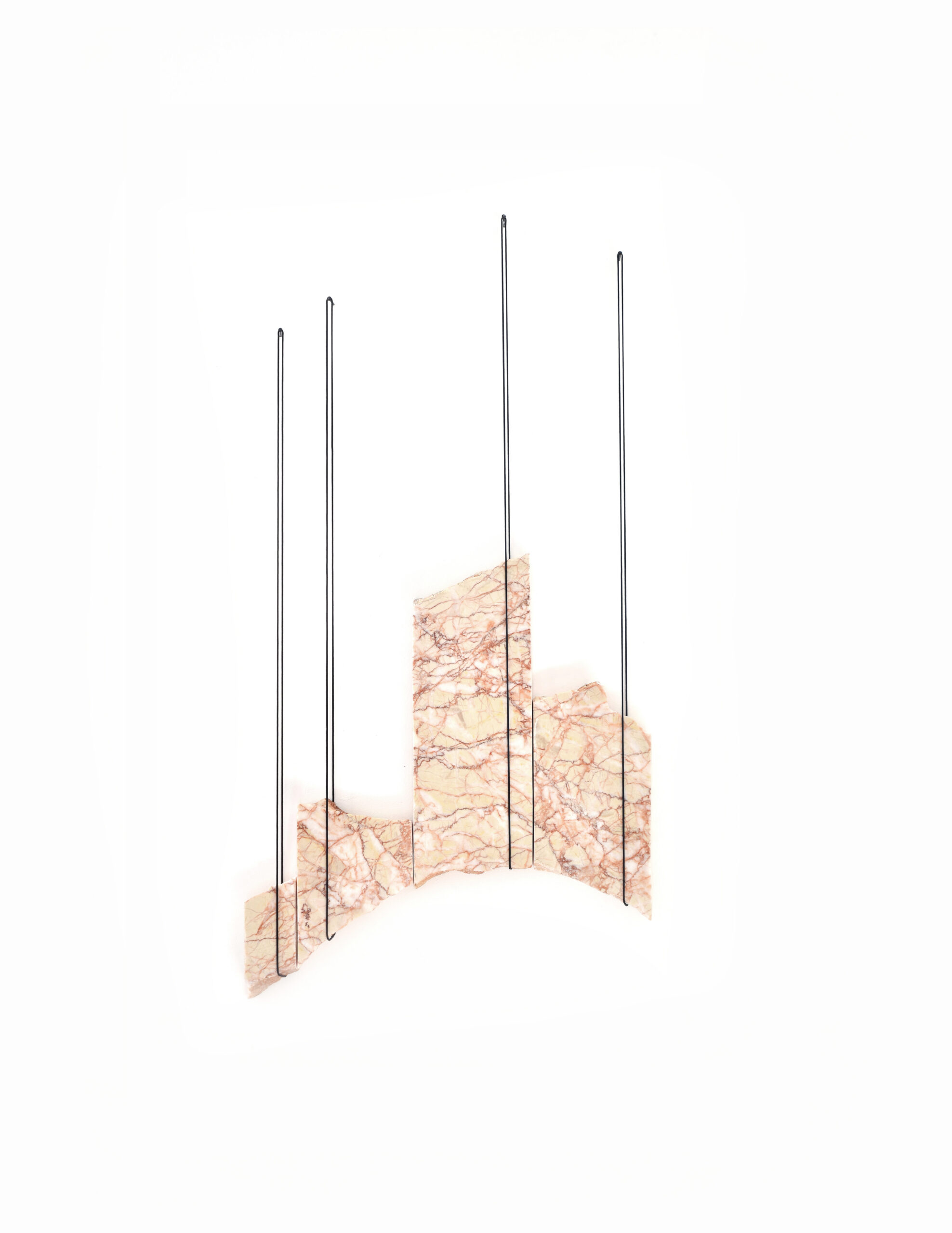Anneke Eussen, Present position 01, 2022, marble, black threads and nails, 65 x 35 cm, unique
