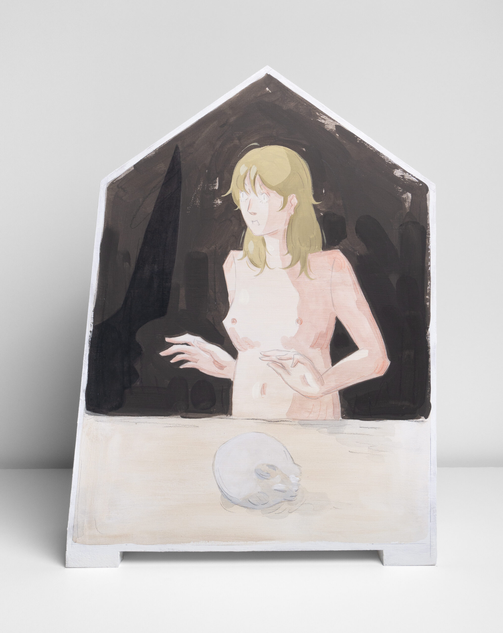 Mae Dessauvage, Beheading, 2026, gouache, graphite & coloured pencil on panel, 54 x 41 x 13 cm, unique