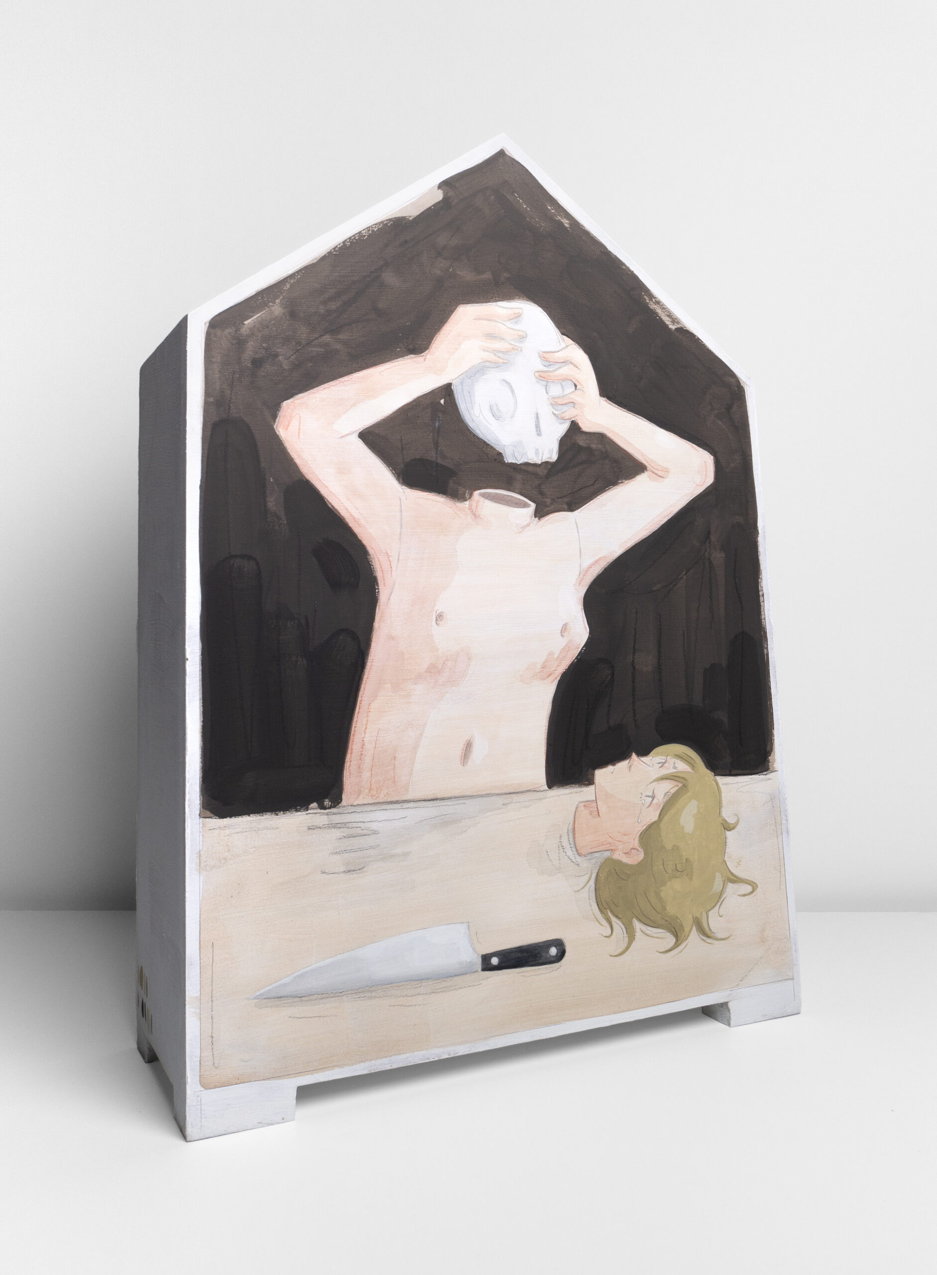 Mae Dessauvage, Beheading, 2026, gouache, graphite & coloured pencil on panel, 54 x 41 x 13 cm, unique